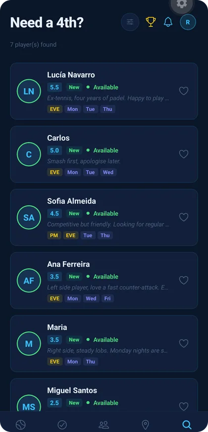 The Find Players screen in the PadelLock app: a level-range filter above a list of available players with their padel level and reliability.